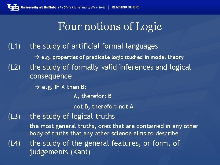 Four notions of Logic (L 1) the study of artificial formal languages e. g.
