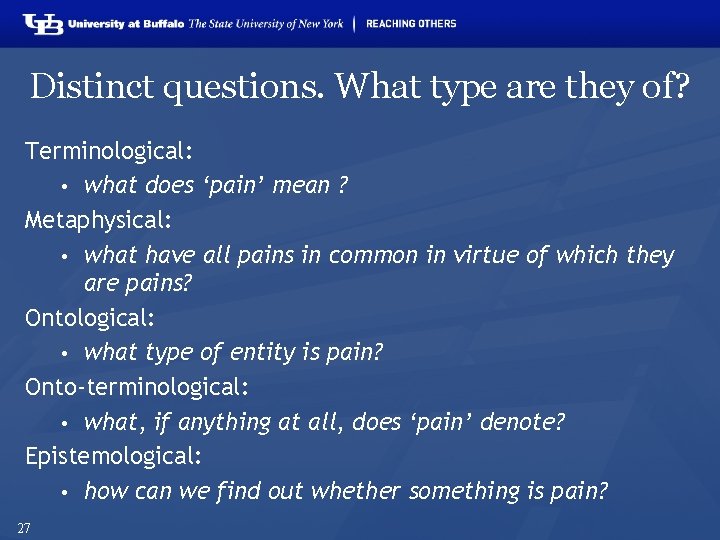 Distinct questions. What type are they of? Terminological: • what does ‘pain’ mean ?