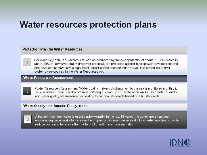 Water resources protection plans Protection Plan for Water Resources 1 For example, there is