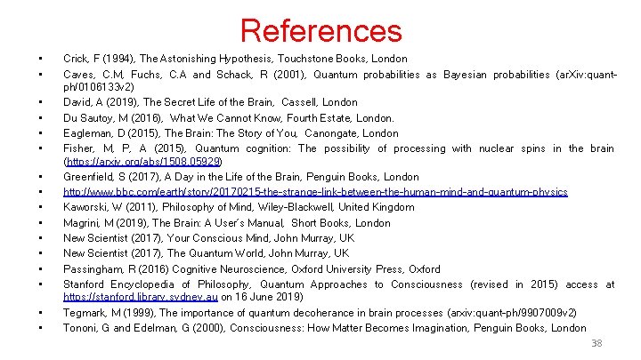 References • • • • Crick, F (1994), The Astonishing Hypothesis, Touchstone Books, London