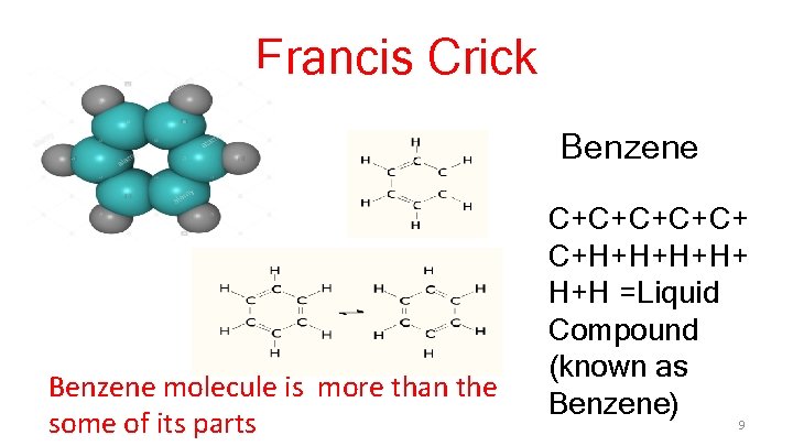 Francis Crick Benzene molecule is more than the some of its parts C+C+C+ C+H+H+