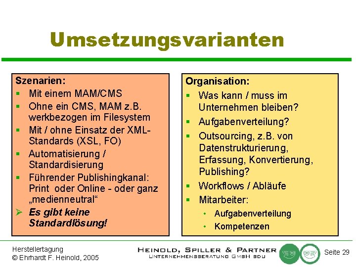 Umsetzungsvarianten Szenarien: § Mit einem MAM/CMS § Ohne ein CMS, MAM z. B. werkbezogen