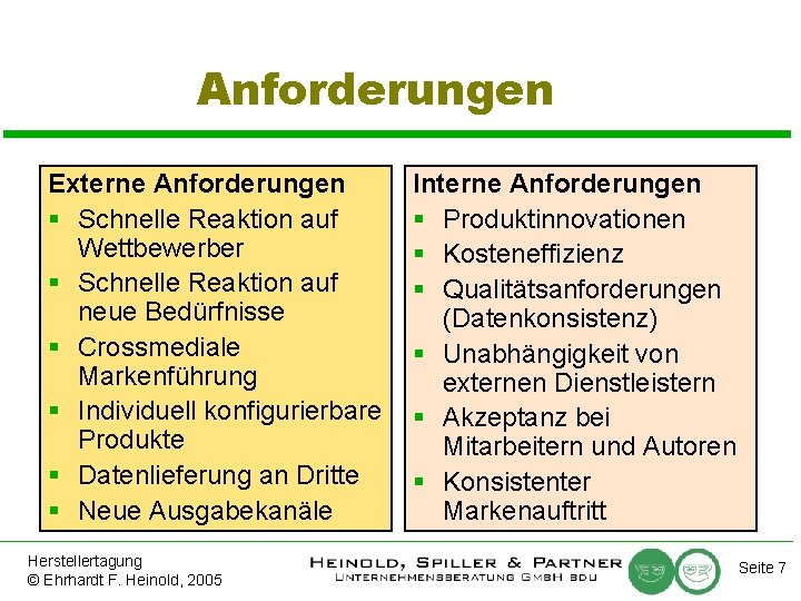 Anforderungen Externe Anforderungen § Schnelle Reaktion auf Wettbewerber § Schnelle Reaktion auf neue Bedürfnisse