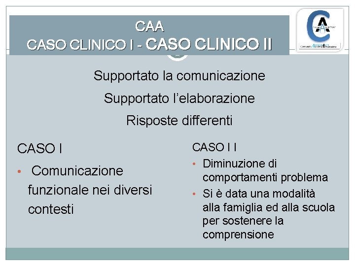CAA CASO CLINICO I - CASO CLINICO II Supportato la comunicazione Supportato l’elaborazione Risposte