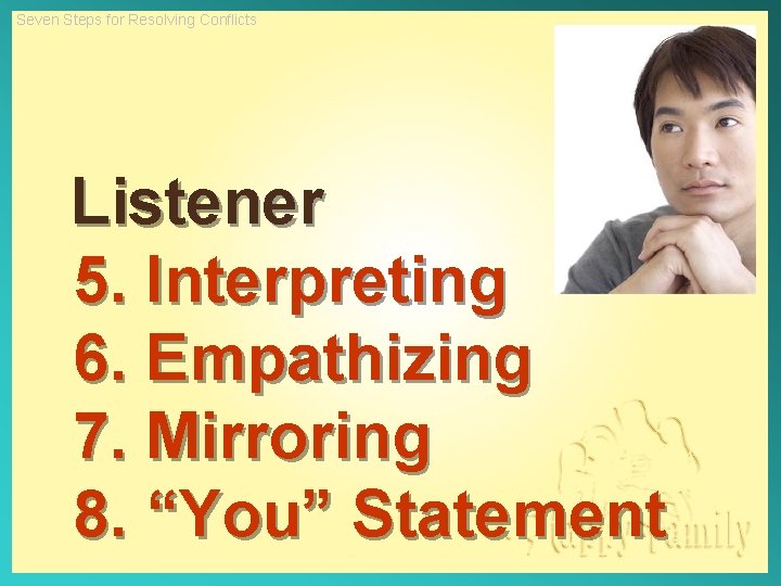 Seven Steps for Resolving Conflicts Listener 5. Interpreting 6. Empathizing 7. Mirroring 8. “You”