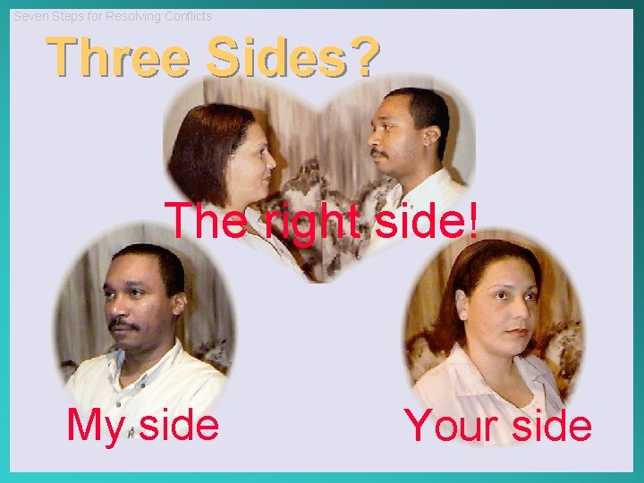 Seven Steps for Resolving Conflicts Three Sides? The right side! My side Your side