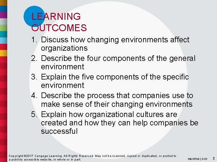 LEARNING OUTCOMES 1. Discuss how changing environments affect organizations 2. Describe the four components