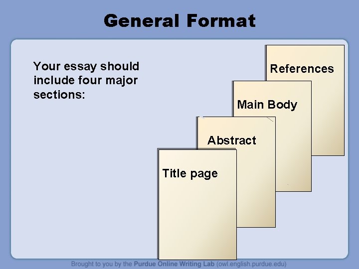 General Format Your essay should include four major sections: References Main Body Abstract Title