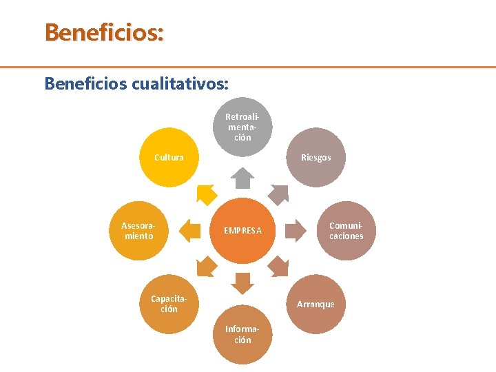 Beneficios: Beneficios cualitativos: Retroalimentación Cultura Asesoramiento Riesgos EMPRESA Capacitación Comunicaciones Arranque Información 