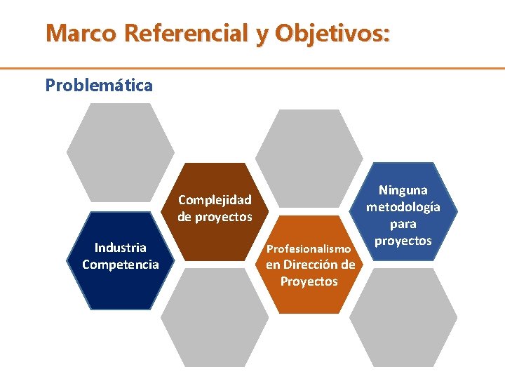 Marco Referencial y Objetivos: Problemática Complejidad de proyectos Industria Competencia Profesionalismo en Dirección de
