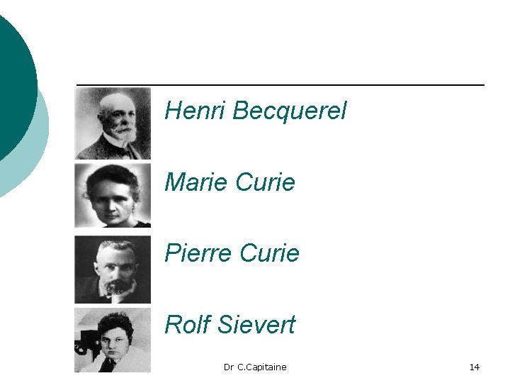 Henri Becquerel Marie Curie Pierre Curie Rolf Sievert Dr C. Capitaine 14 