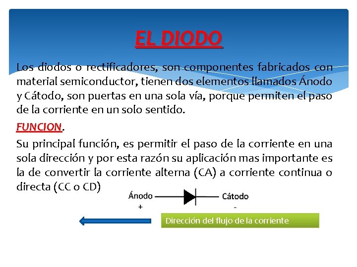 EL DIODO Los diodos o rectificadores, son componentes fabricados con material semiconductor, tienen dos