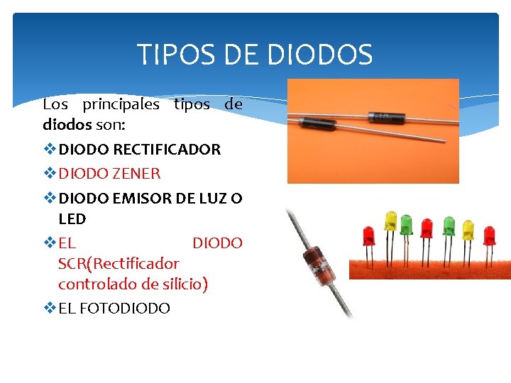 TIPOS DE DIODOS Los principales tipos de diodos son: v. DIODO RECTIFICADOR v. DIODO