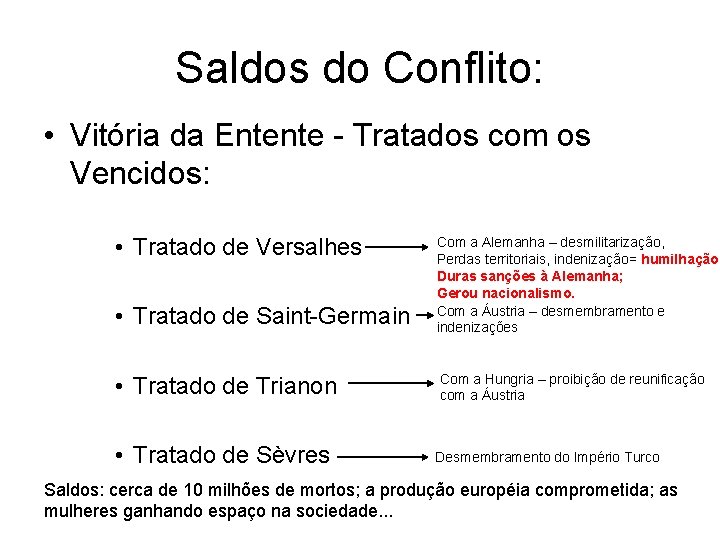 Saldos do Conflito: • Vitória da Entente - Tratados com os Vencidos: • Tratado