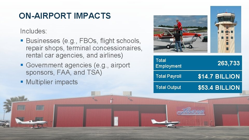 ON-AIRPORT IMPACTS Includes: § Businesses (e. g. , FBOs, flight schools, repair shops, terminal