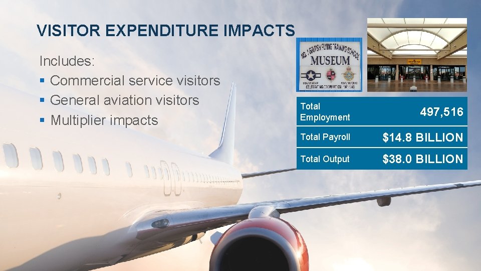 VISITOR EXPENDITURE IMPACTS Includes: § Commercial service visitors § General aviation visitors § Multiplier