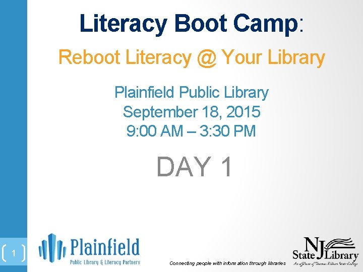 Literacy Boot Camp: Reboot Literacy @ Your Library Plainfield Public Library September 18, 2015