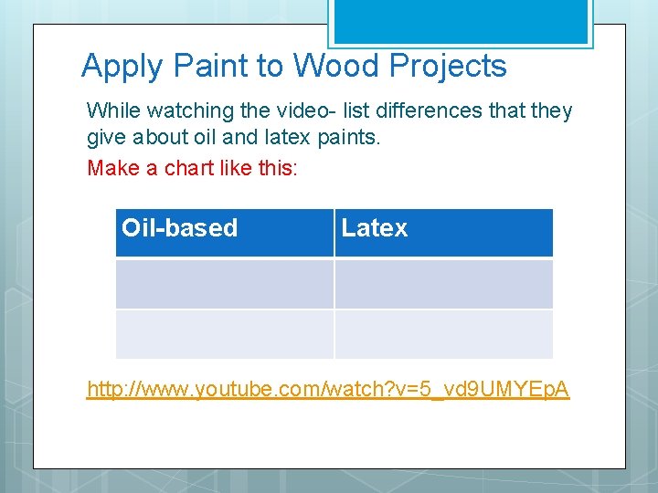 Apply Paint to Wood Projects While watching the video- list differences that they give