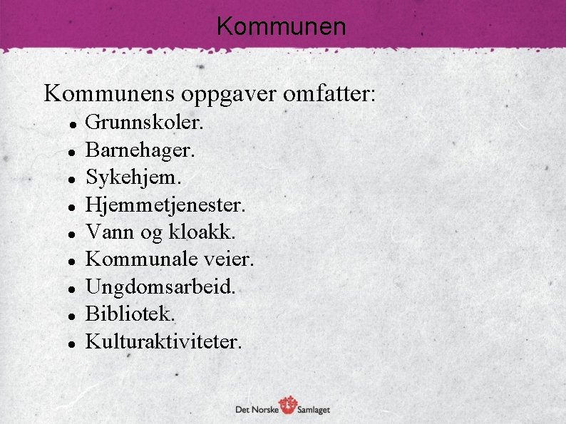 Kommunens oppgaver omfatter: Grunnskoler. Barnehager. Sykehjem. Hjemmetjenester. Vann og kloakk. Kommunale veier. Ungdomsarbeid. Bibliotek.