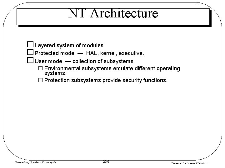 NT Architecture � Layered system of modules. � Protected mode — HAL, kernel, executive. NT Architecture � Layered system of modules. � Protected mode — HAL, kernel, executive.