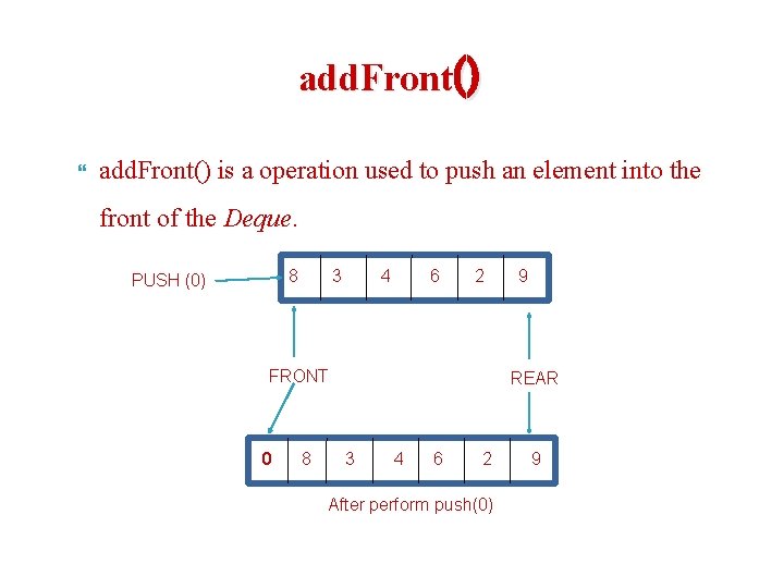 add. Front() is a operation used to push an element into the front of