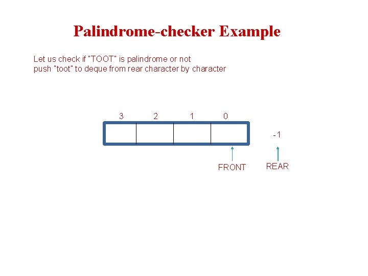 Palindrome-checker Example Let us check if “TOOT” is palindrome or not push “toot” to