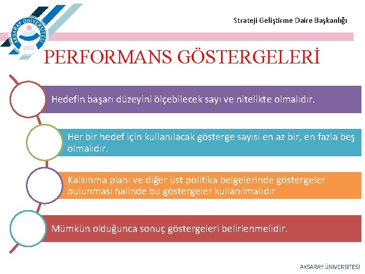  Strateji Geliştirme Daire Başkanlığı PERFORMANS GÖSTERGELERİ Hedefin başarı düzeyini ölçebilecek sayı ve nitelikte