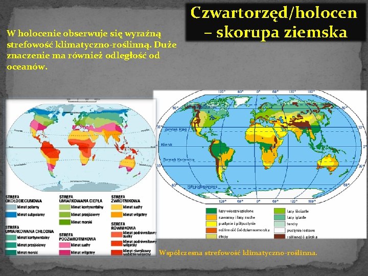 W holocenie obserwuje się wyraźną strefowość klimatyczno-roślinną. Duże znaczenie ma również odległość od oceanów.