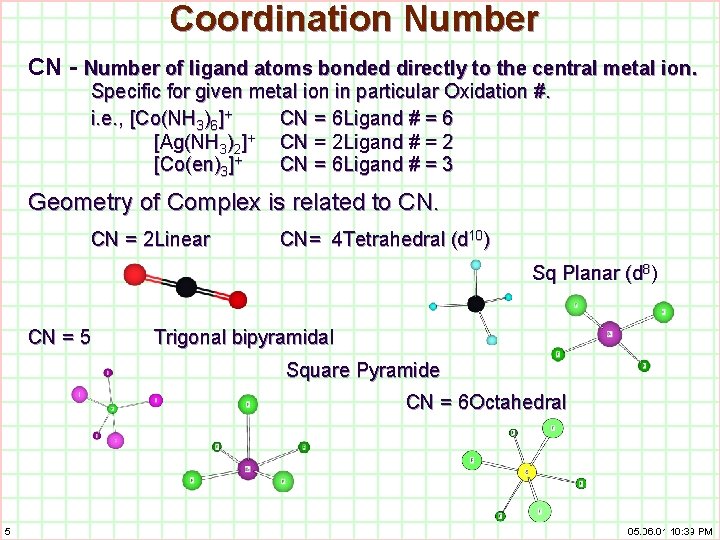 Coordination Number CN - Number of ligand atoms bonded directly to the central metal
