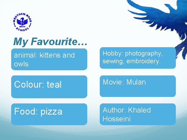 My Favourite… animal: kittens and owls Hobby: photography, sewing, embroidery. Colour: teal Movie: Mulan