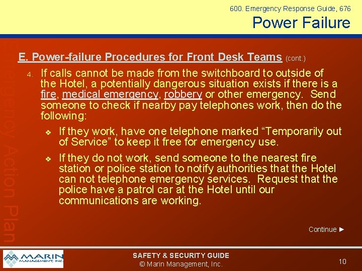 600. Emergency Response Guide, 676 Power Failure Emergency Action Plan E. Power-failure Procedures for