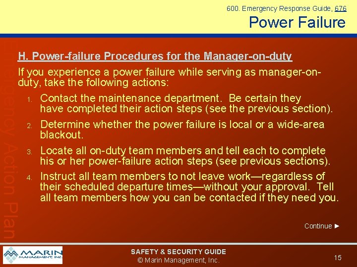 600. Emergency Response Guide, 676 Power Failure Emergency Action Plan H. Power-failure Procedures for