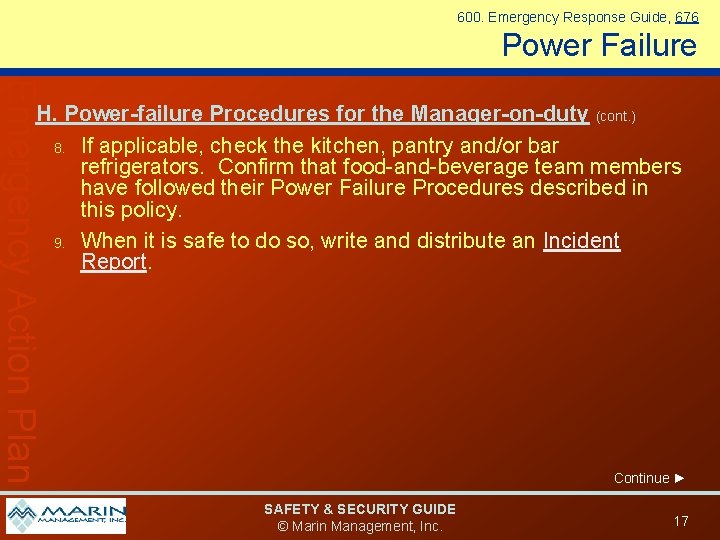 600. Emergency Response Guide, 676 Power Failure Emergency Action Plan H. Power-failure Procedures for