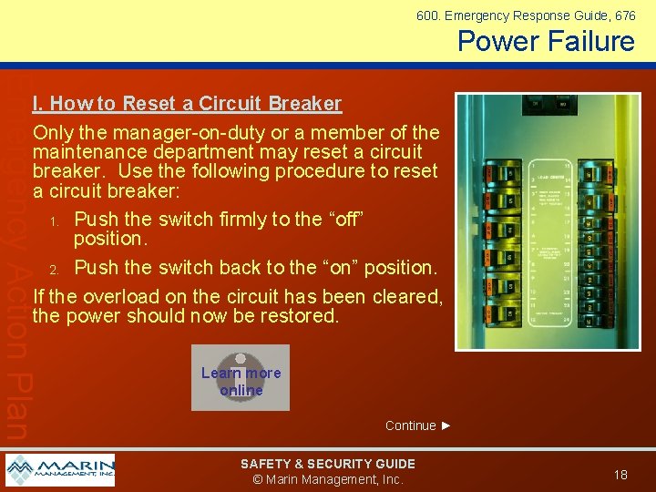 600. Emergency Response Guide, 676 Power Failure Emergency Action Plan I. How to Reset