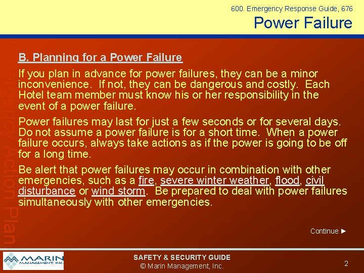 600. Emergency Response Guide, 676 Power Failure Emergency Action Plan B. Planning for a