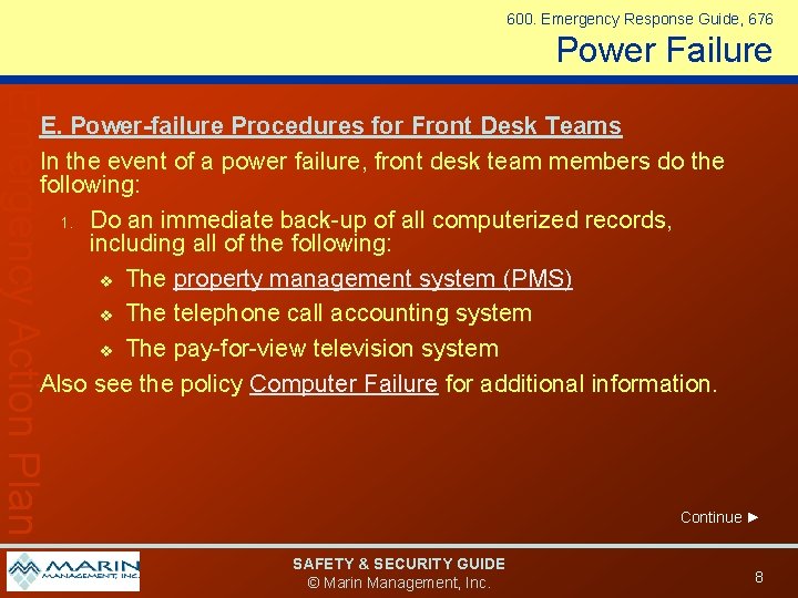 600. Emergency Response Guide, 676 Power Failure Emergency Action Plan E. Power-failure Procedures for