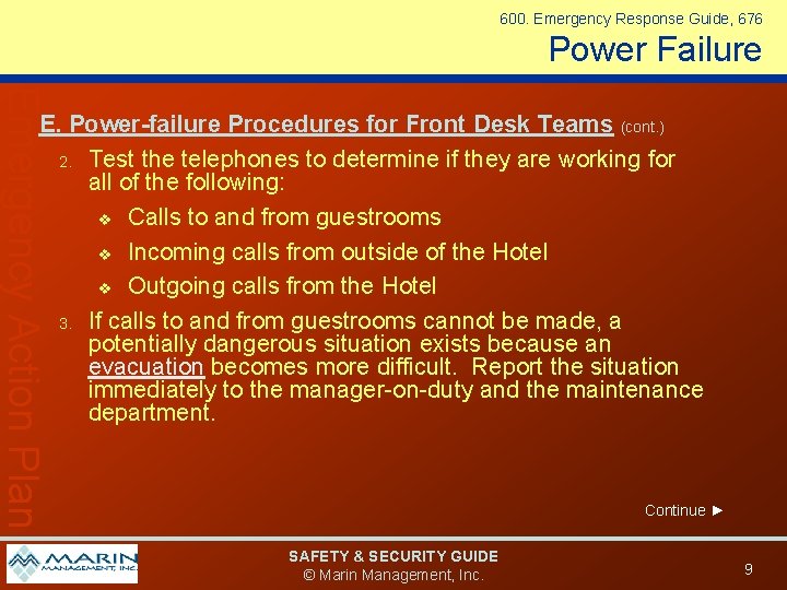 600. Emergency Response Guide, 676 Power Failure Emergency Action Plan E. Power-failure Procedures for