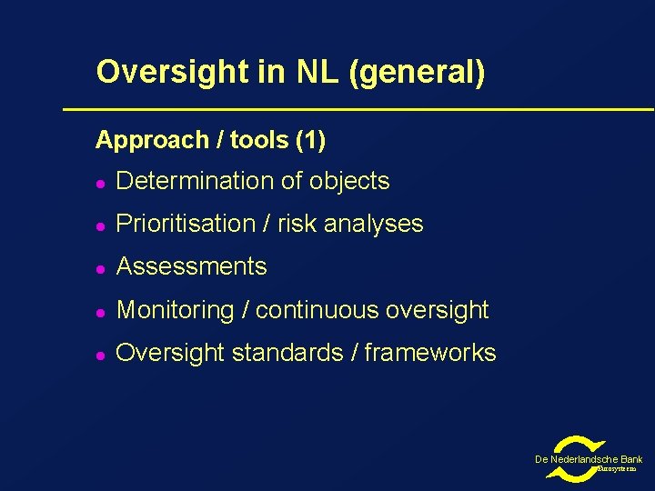 Oversight in NL (general) Approach / tools (1) l Determination of objects l Prioritisation