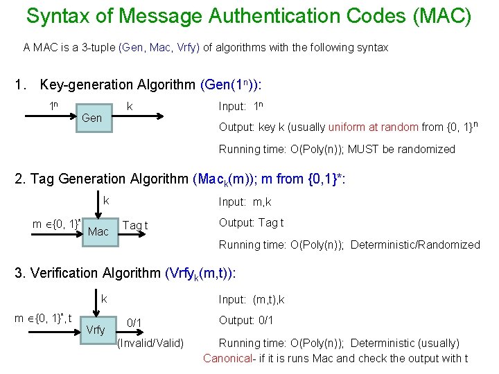 Syntax of Message Authentication Codes (MAC) A MAC is a 3 -tuple (Gen, Mac,