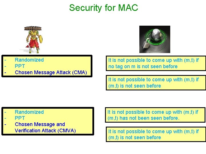 Security for MAC - Randomized PPT Chosen Message Attack (CMA) It is not possible