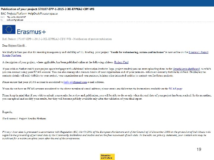 New project notification e-mail 19 Education and Culture 