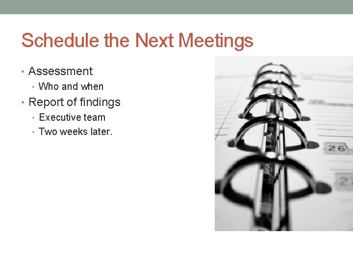 Schedule the Next Meetings • Assessment • Who and when • Report of findings