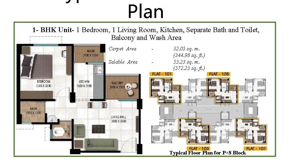 Plan 1 - BHK Unit- 1 Bedroom, 1 Living Room, Kitchen, Separate Bath and