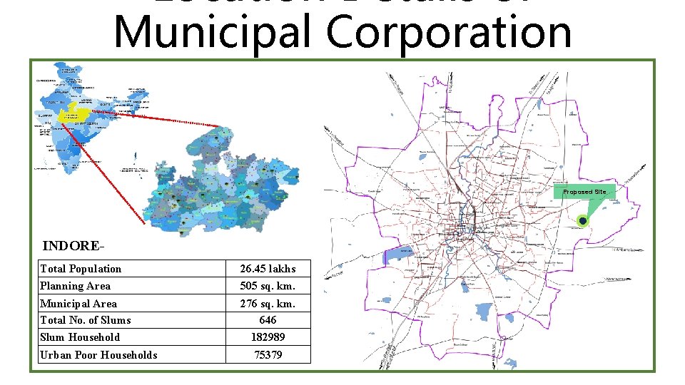 Location Details of Municipal Corporation Proposed Site INDORETotal Population 26. 45 lakhs Planning Area