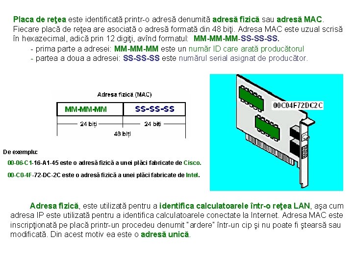 Placa de reţea este identificată printr-o adresă denumită adresă fizică sau adresă MAC Fiecare