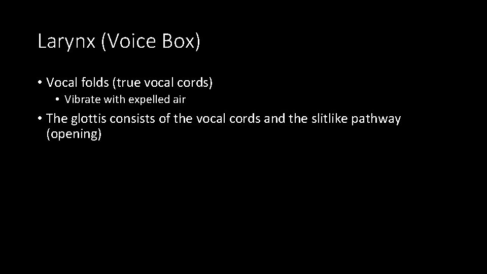 Larynx (Voice Box) • Vocal folds (true vocal cords) • Vibrate with expelled air