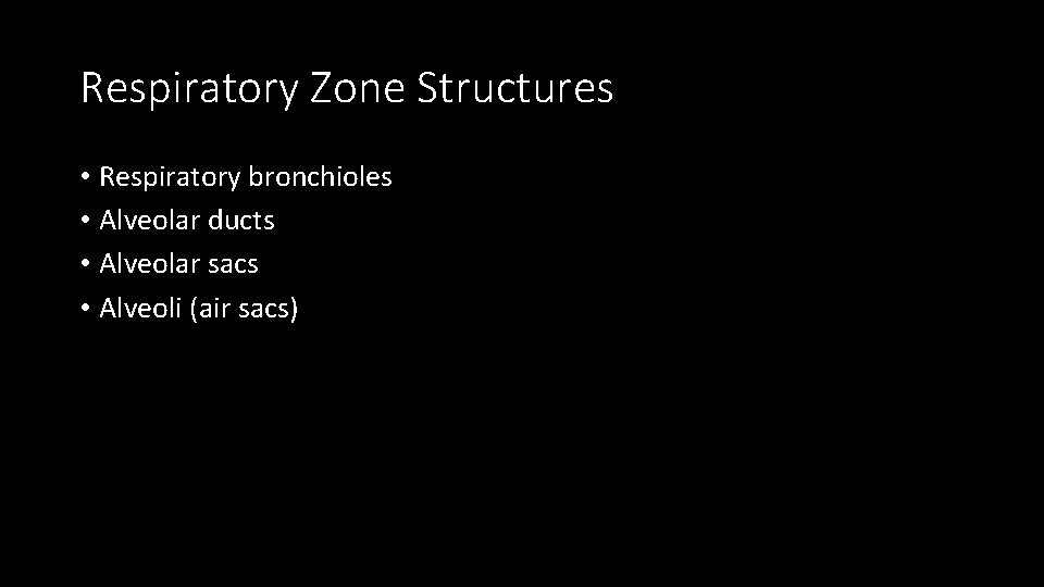 Respiratory Zone Structures • Respiratory bronchioles • Alveolar ducts • Alveolar sacs • Alveoli