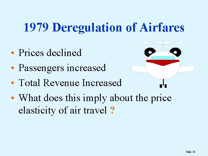 1979 Deregulation of Airfares • • Prices declined Passengers increased Total Revenue Increased What