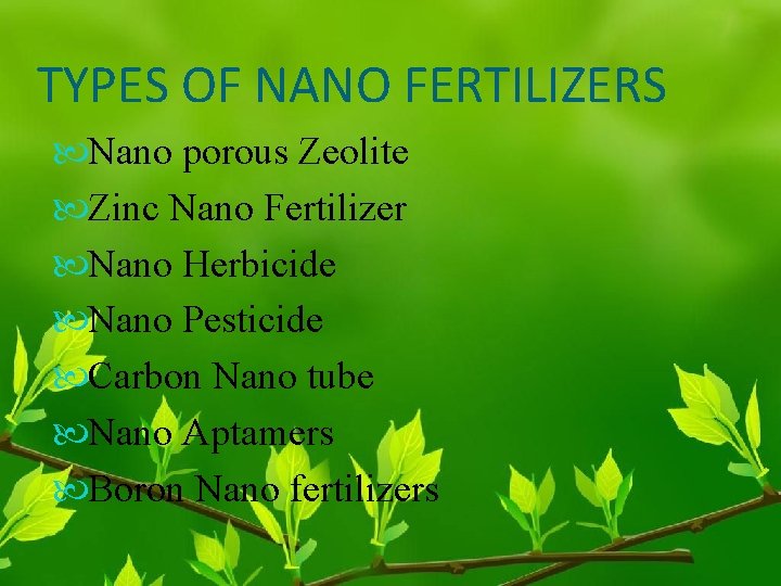 TYPES OF NANO FERTILIZERS Nano porous Zeolite Zinc Nano Fertilizer Nano Herbicide Nano Pesticide