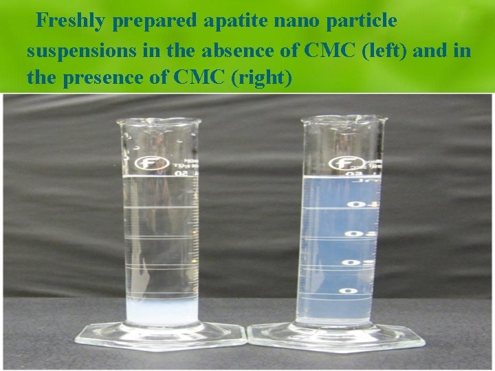  Freshly prepared apatite nano particle suspensions in the absence of CMC (left) and